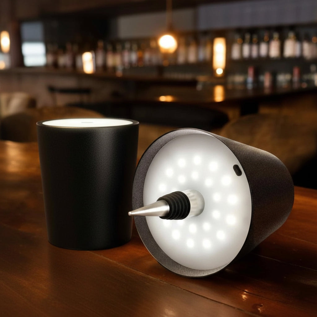 Kabellose, wiederaufladbare Tischlampe als Flaschenaufsatz mit einstellbarer Lichtstimmung
