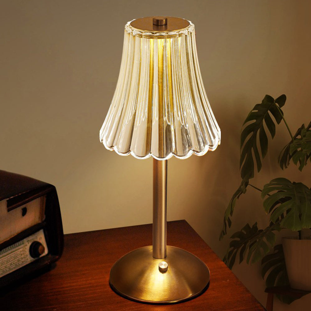Wiederaufladbare Tischlampe im Retro-Stil mit Kristall-Lampenschirm, gebürstetem Aluminium und Touch-Steuerung