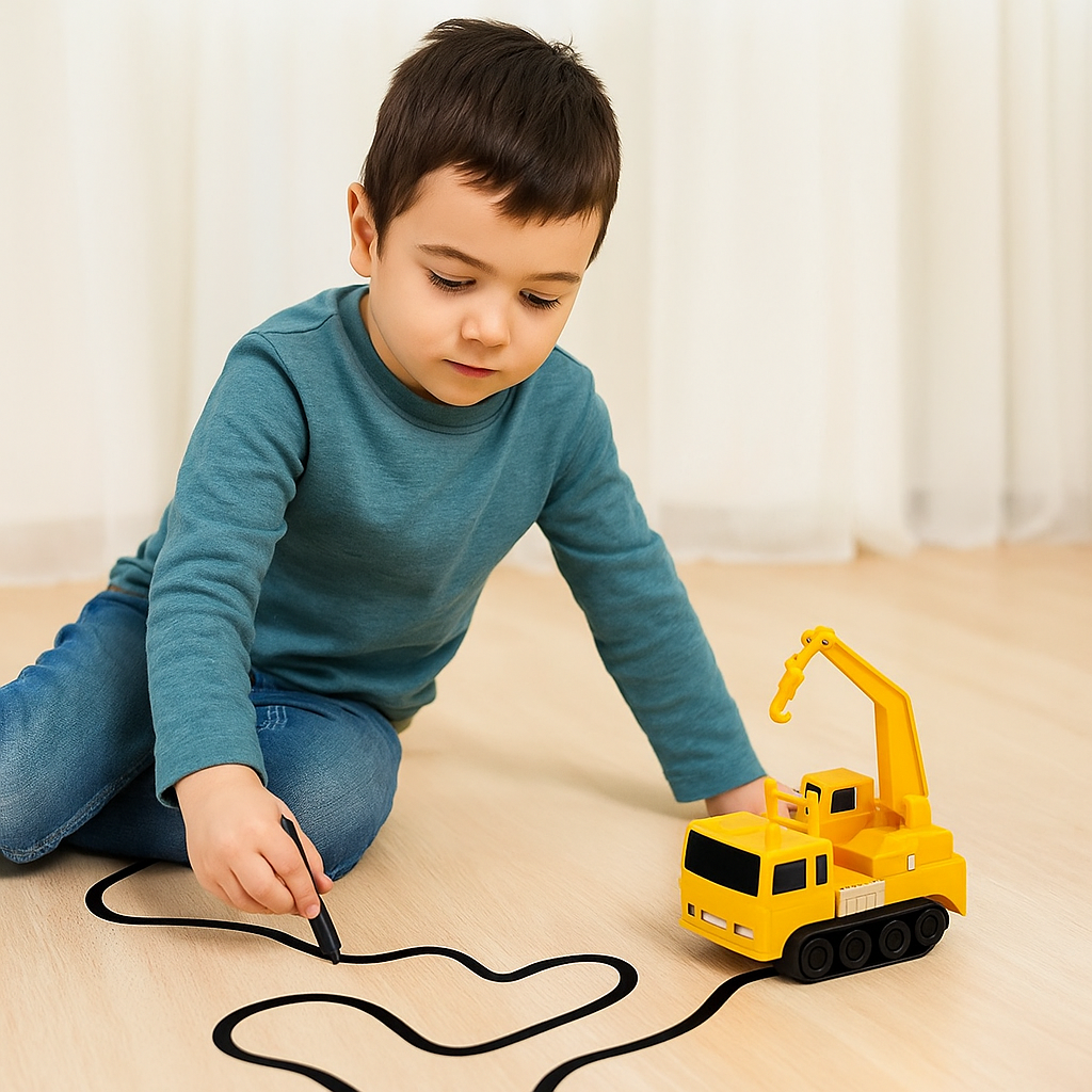 Kompaktes interaktives Spielzeugauto-Set mit stiftgeführter Rennstrecke