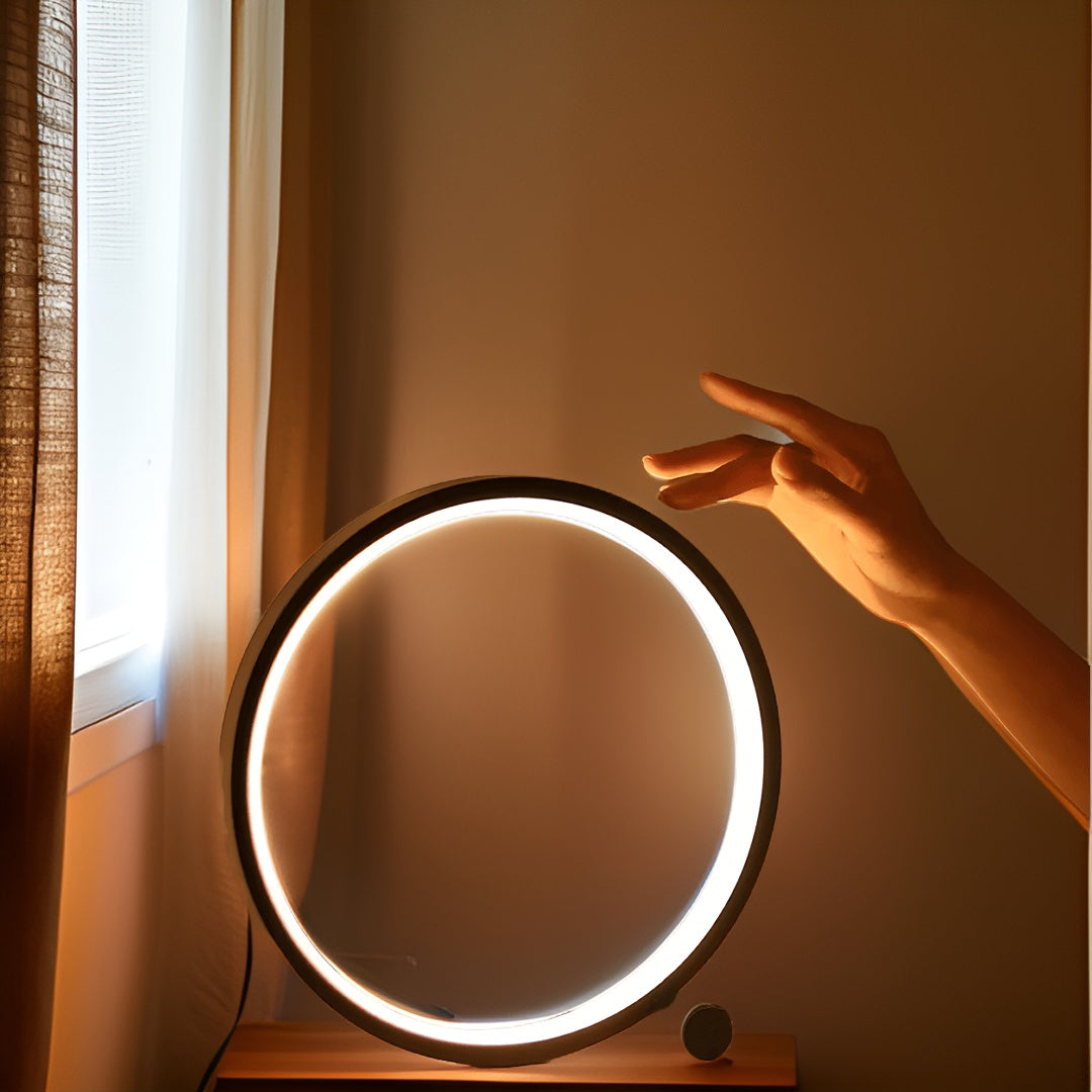 Minimalistische runde dimmbare Aluminium-Tischlampe mit Berührungssteuerung