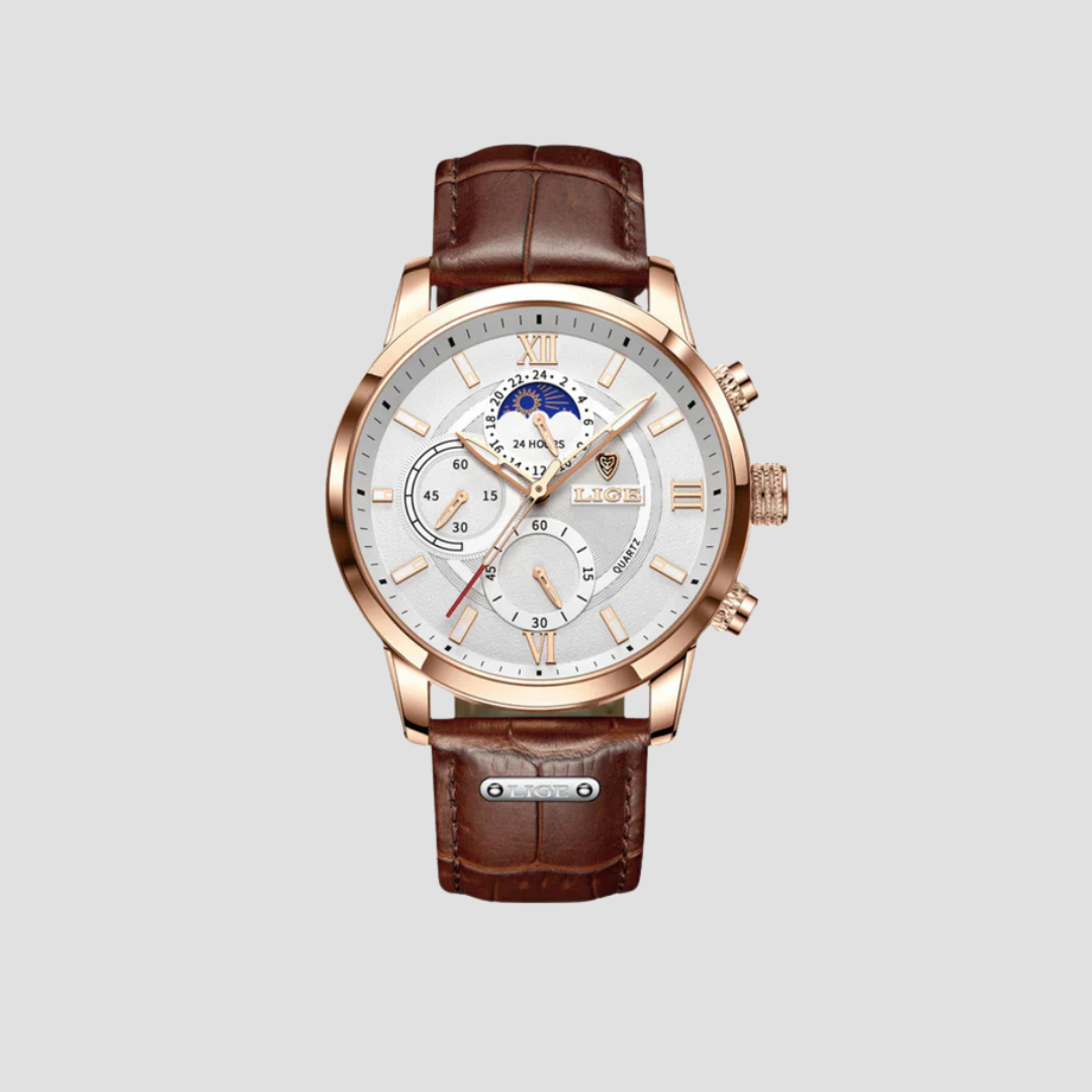 Klassische Quarz-Herrenuhr mit Lederarmband und mehreren Zifferblättern