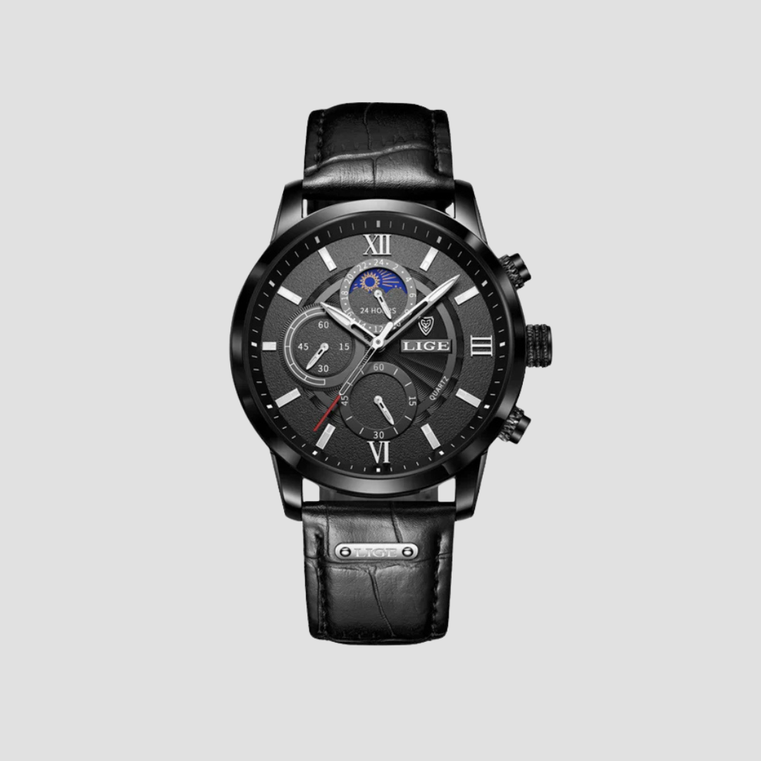 Klassische Quarz-Herrenuhr mit Lederarmband und mehreren Zifferblättern