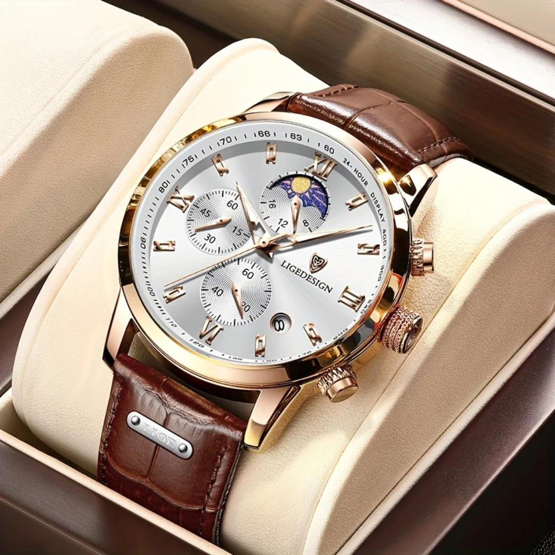 Klassische Quarz-Herrenuhr mit Lederarmband und mehreren Zifferblättern