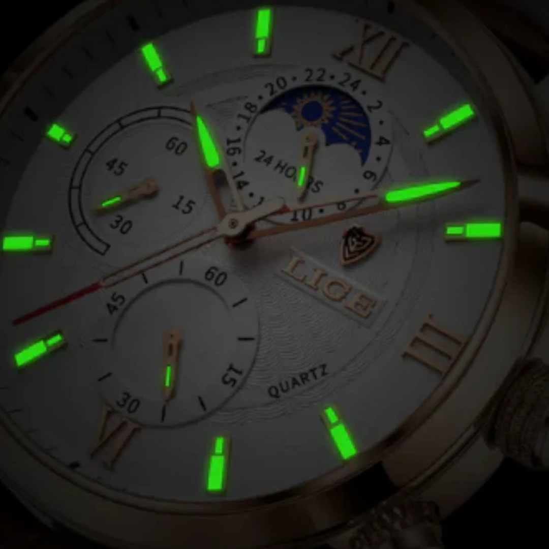 Klassische Quarz-Herrenuhr mit Lederarmband und mehreren Zifferblättern