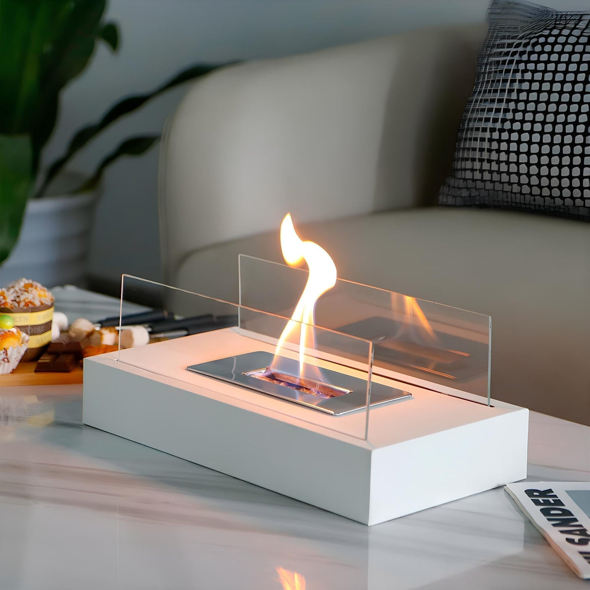 Tragbare Tischkamin-Tischlampe aus rechteckigem Glas mit Metallfuß