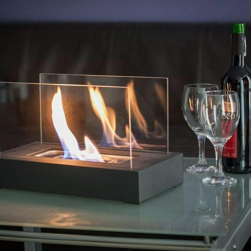 Tragbare Tischkamin-Tischlampe aus rechteckigem Glas mit Metallfuß