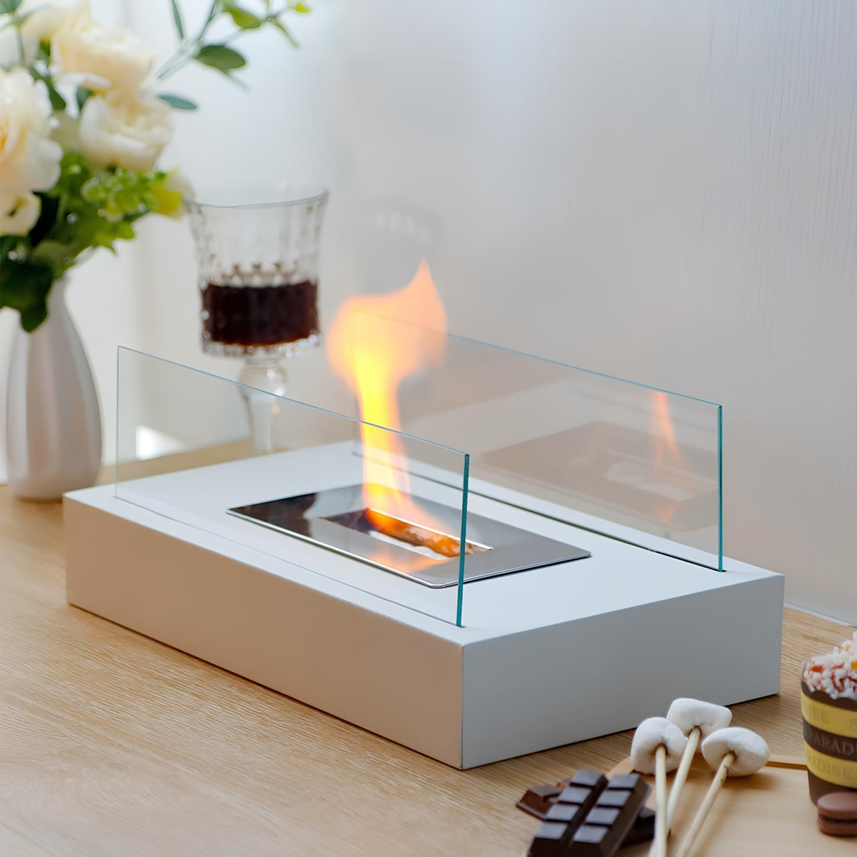 Tragbare Tischkamin-Tischlampe aus rechteckigem Glas mit Metallfuß
