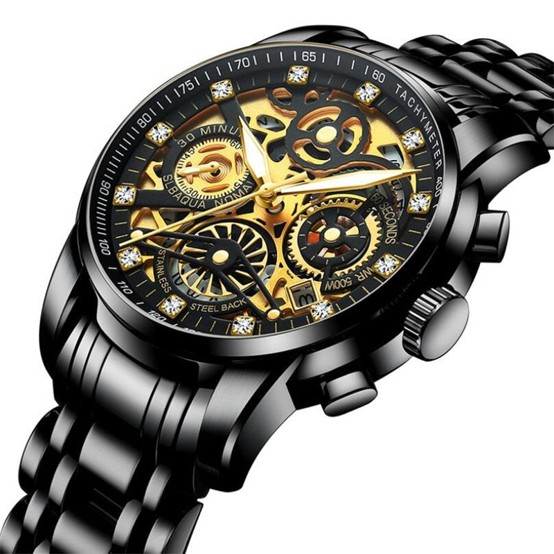 Transparente Skelett-Zifferblatt-Herrenuhr aus Edelstahl mit automatischem mechanischem Uhrwerk