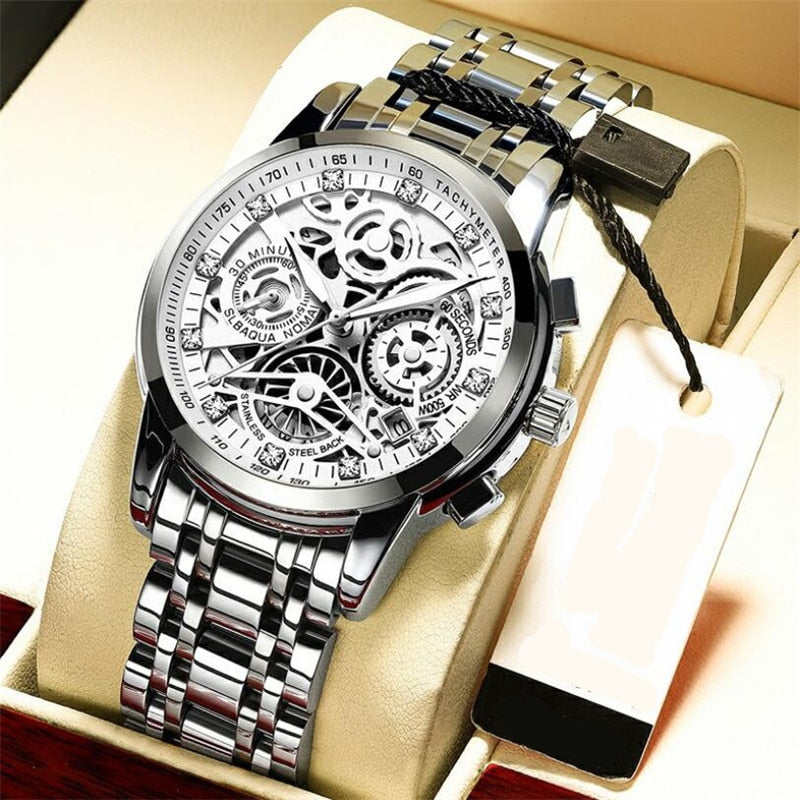Transparente Skelett-Zifferblatt-Herrenuhr aus Edelstahl mit automatischem mechanischem Uhrwerk