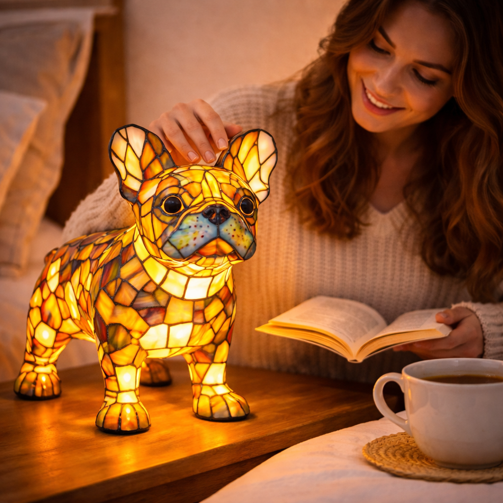 Dekorative Tischlampe aus Hundemotiv-Buntglasmosaik für das Schlafzimmer