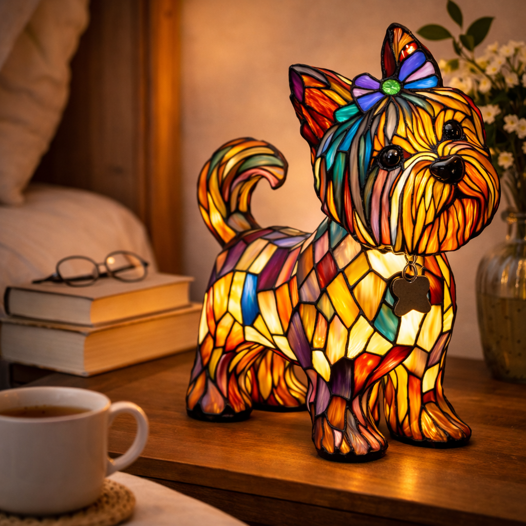 Tischlampe mit Hundemotiv aus Buntglasmosaik