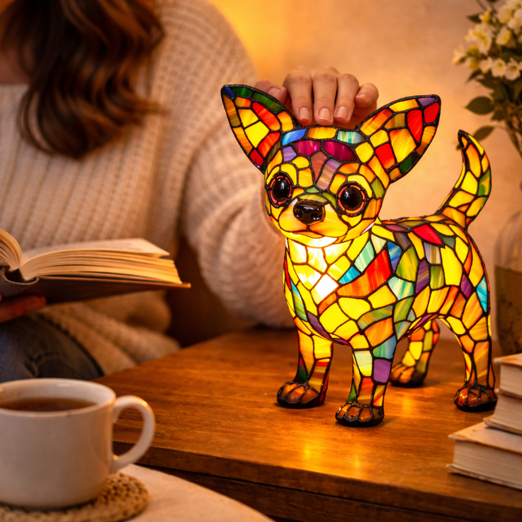 Dekorative Tischlampe aus Hundemotiv-Buntglasmosaik für das Schlafzimmer