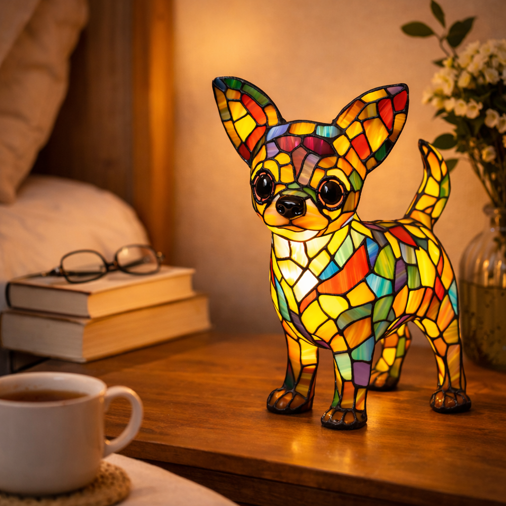 Dekorative Tischlampe aus Hundemotiv-Buntglasmosaik für das Schlafzimmer