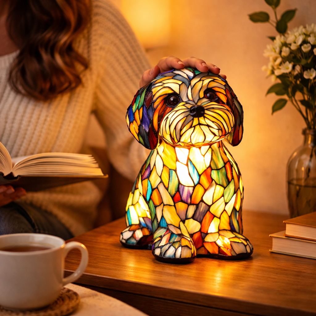 Dekorative Tischlampe aus Hundemotiv-Buntglasmosaik für das Schlafzimmer