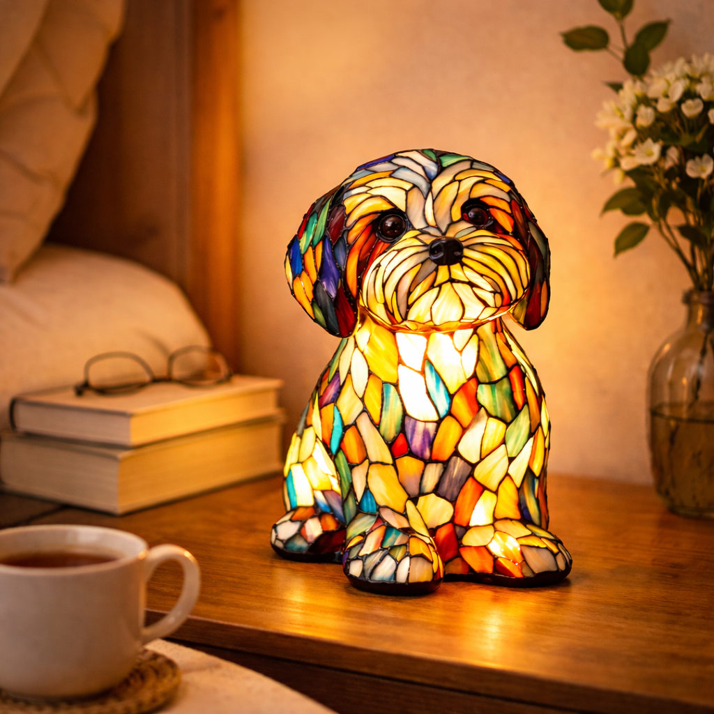 Tischlampe mit Hundemotiv aus Buntglasmosaik