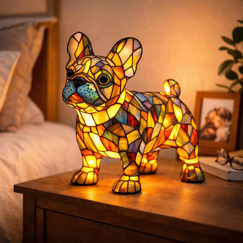 Tischlampe mit Hundemotiv aus Buntglasmosaik