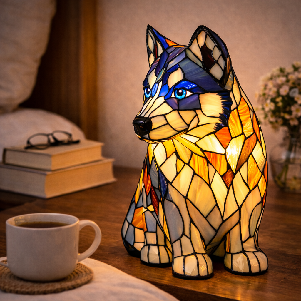 Tischlampe mit Hundemotiv aus Buntglasmosaik