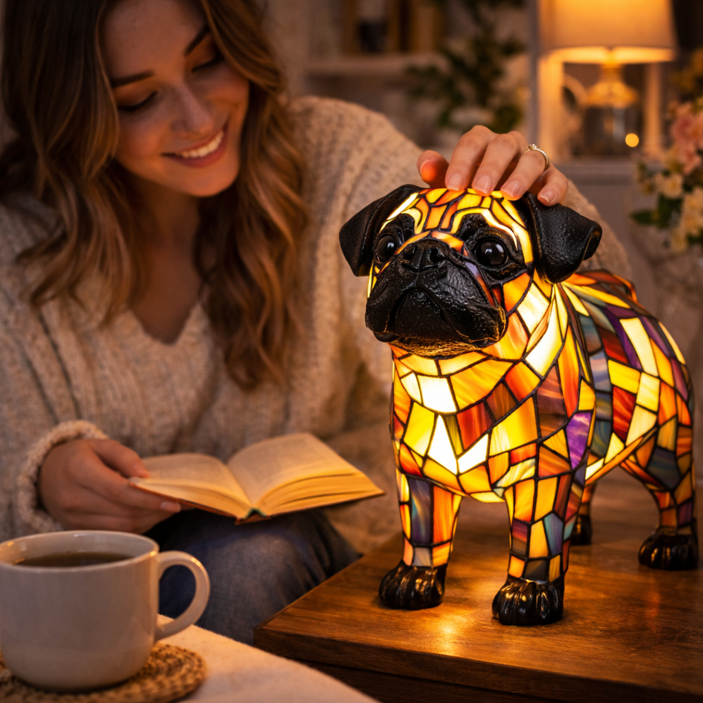 Dekorative Tischlampe aus Hundemotiv-Buntglasmosaik für das Schlafzimmer