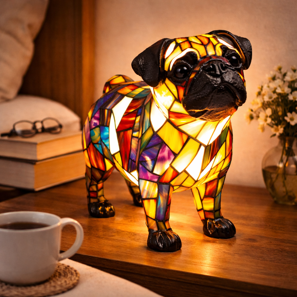 Dekorative Tischlampe aus Hundemotiv-Buntglasmosaik für das Schlafzimmer