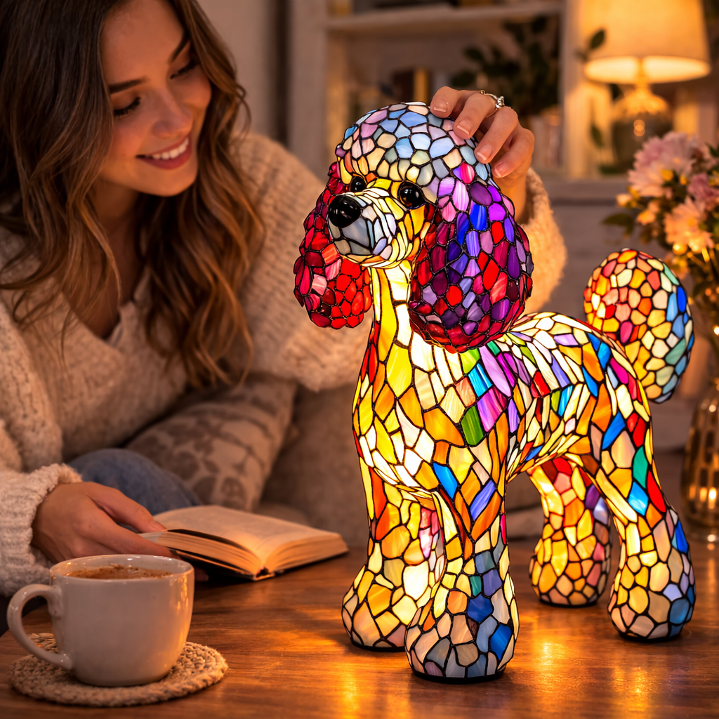 Dekorative Tischlampe aus Hundemotiv-Buntglasmosaik für das Schlafzimmer