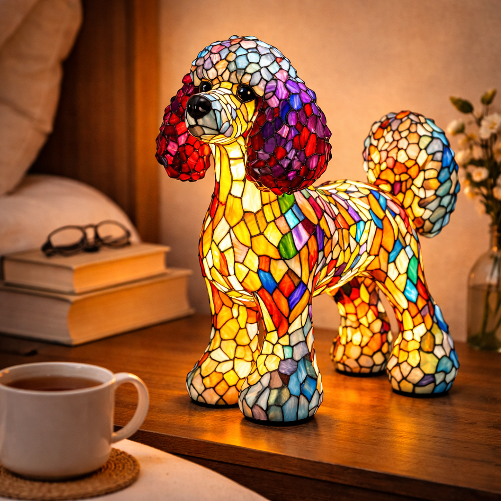 Dekorative Tischlampe aus Hundemotiv-Buntglasmosaik für das Schlafzimmer