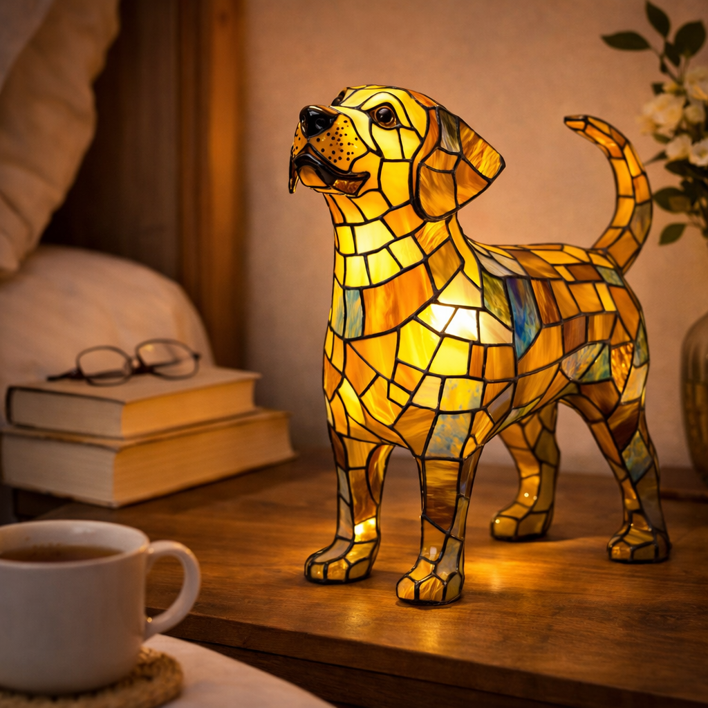 Dekorative Tischlampe aus Hundemotiv-Buntglasmosaik für das Schlafzimmer