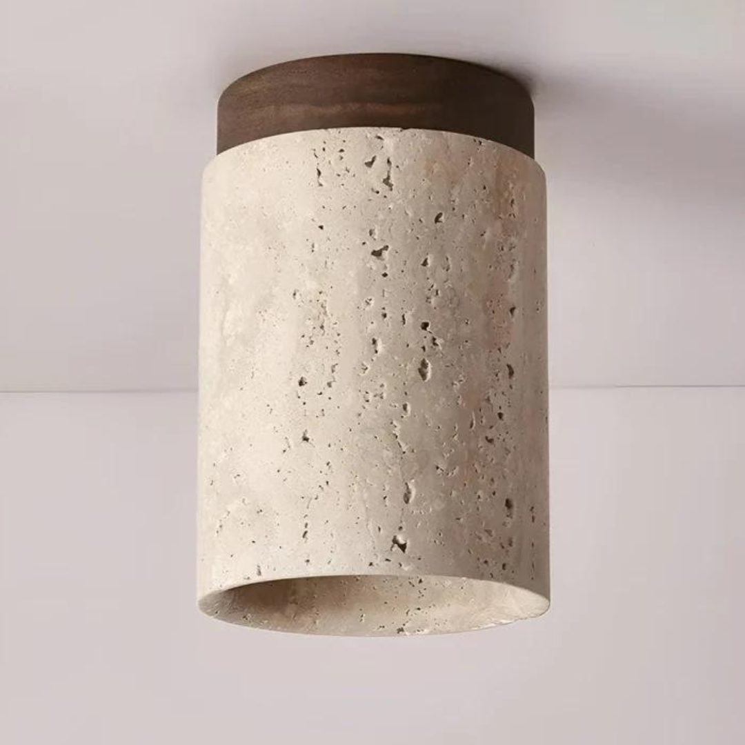 Runde Deckenleuchte aus Travertin im Wabi-Sabi-Stil mit bündiger Montage