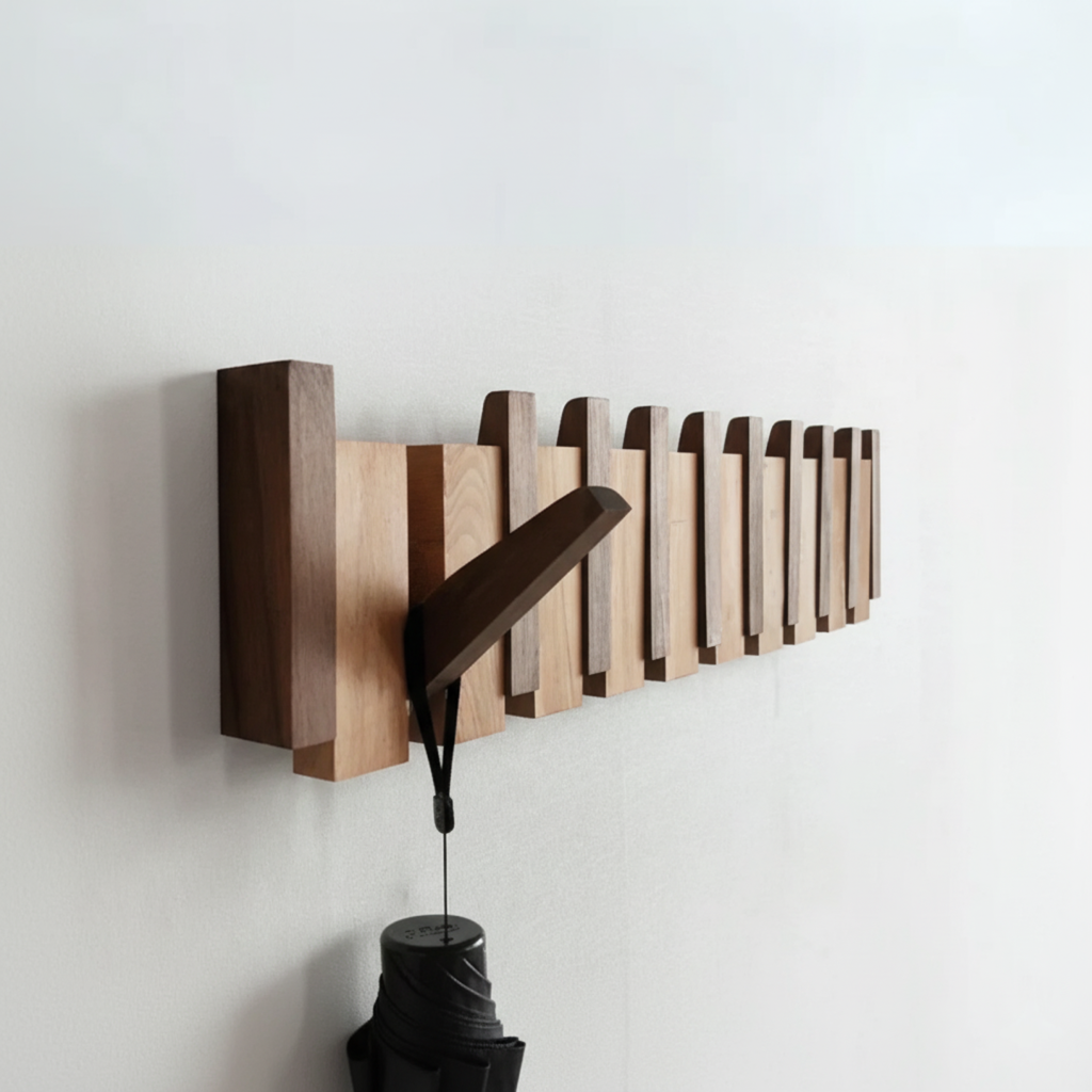 Moderne wandmontierte Garderobenleiste aus Holz im Klavierdesign