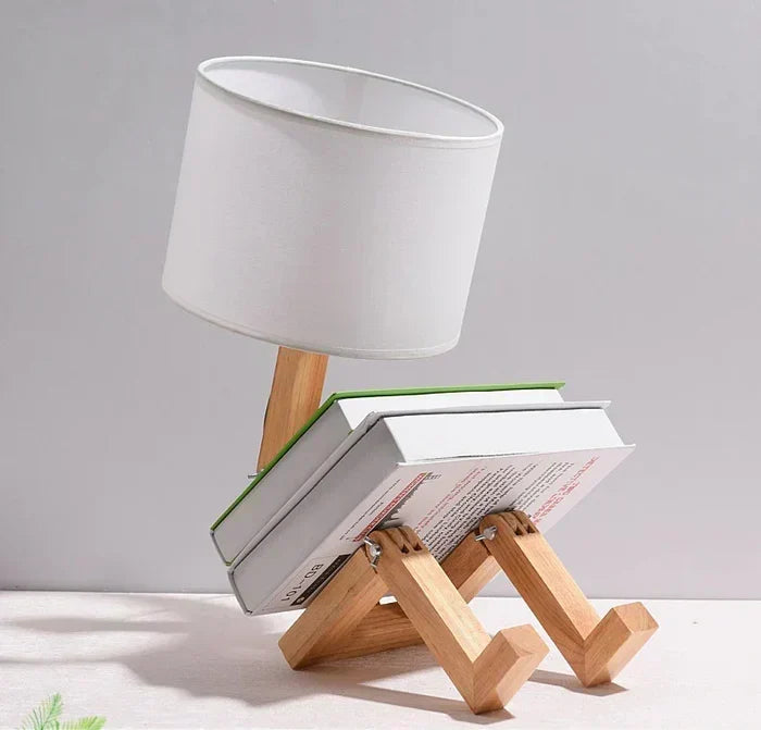 Verstellbare, faltbare Tischlampe in Roboterform aus Holz mit Buchhalter