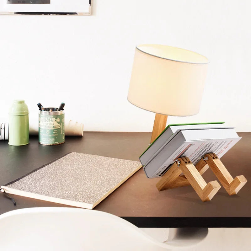 Verstellbare, faltbare Tischlampe in Roboterform aus Holz mit Buchhalter