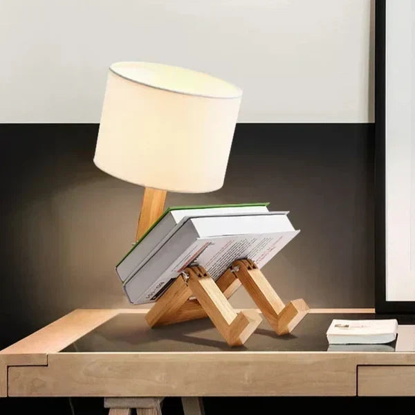 Verstellbare, faltbare Tischlampe in Roboterform aus Holz mit Buchhalter